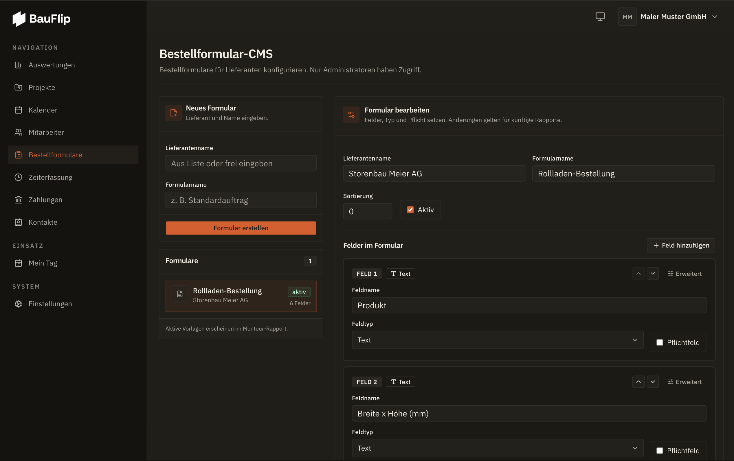 Bestellformular-CMS in der Bauflip-App