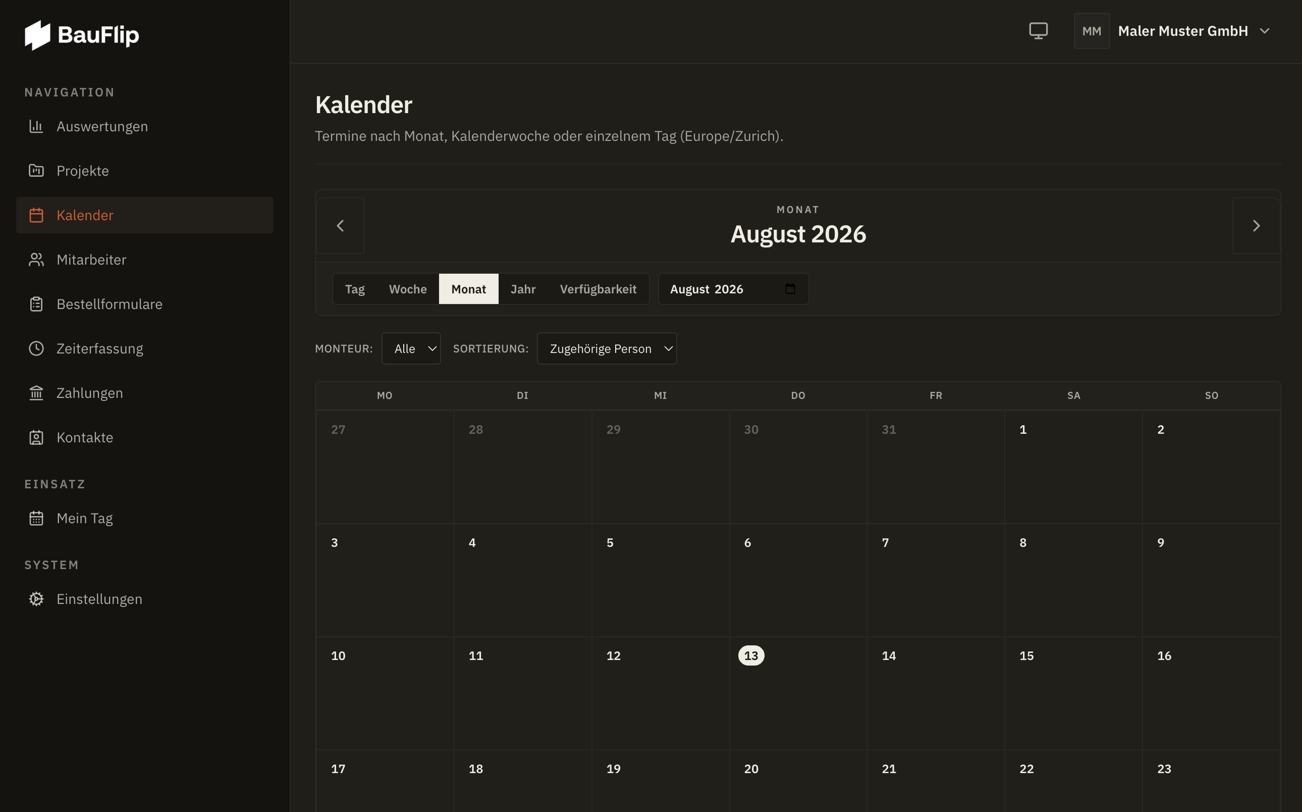 Kalender in der Bauflip-App