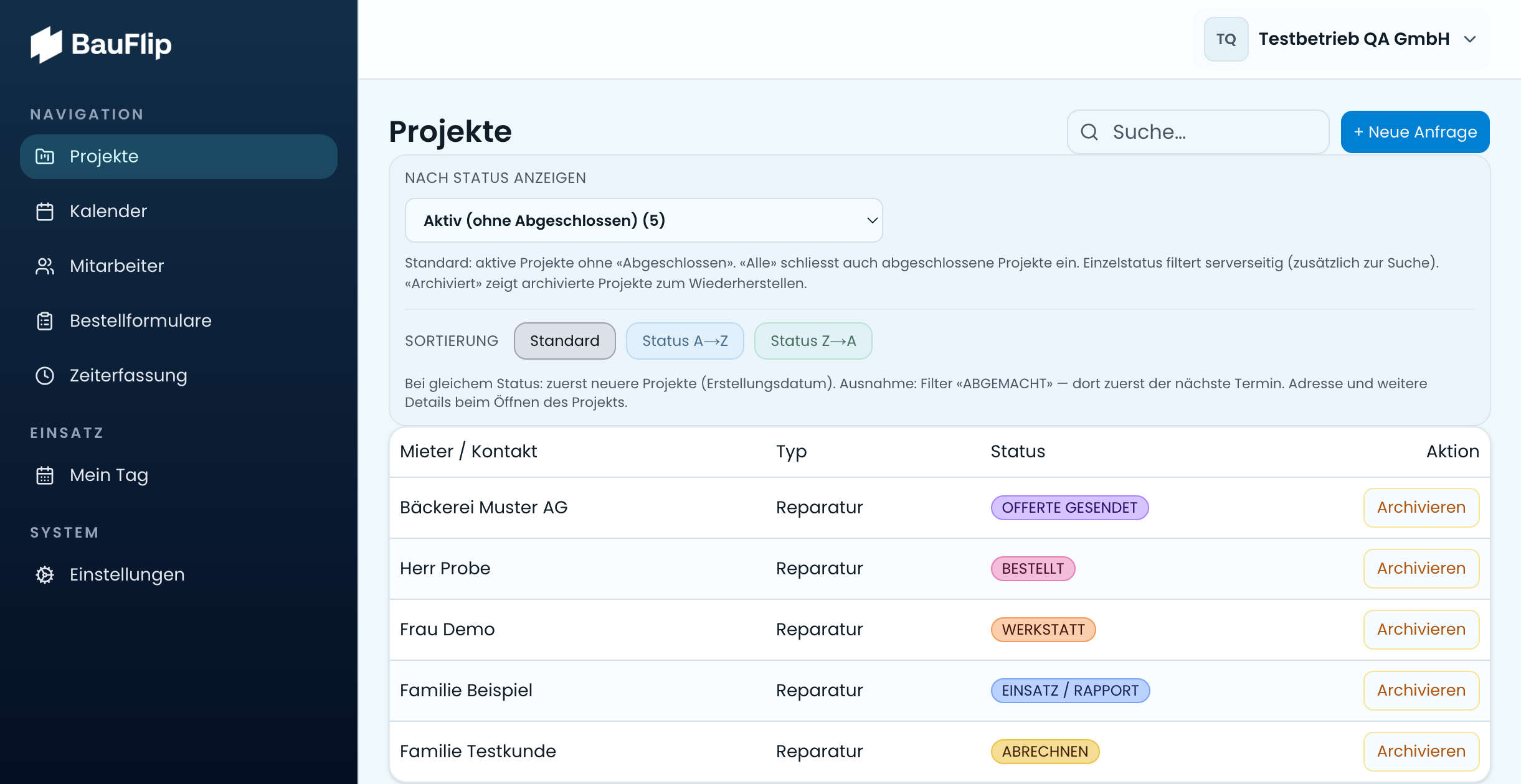 Projektliste in Bauflip